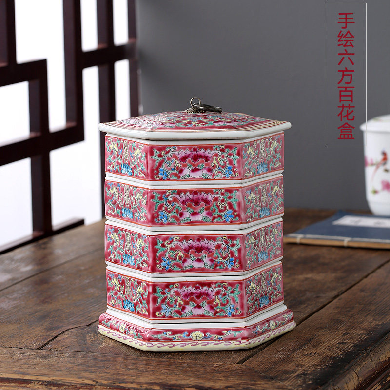 青花瓷三层零食罐景德镇陶瓷糖果盒手绘粉彩花鸟罐-Taobao-Tmall