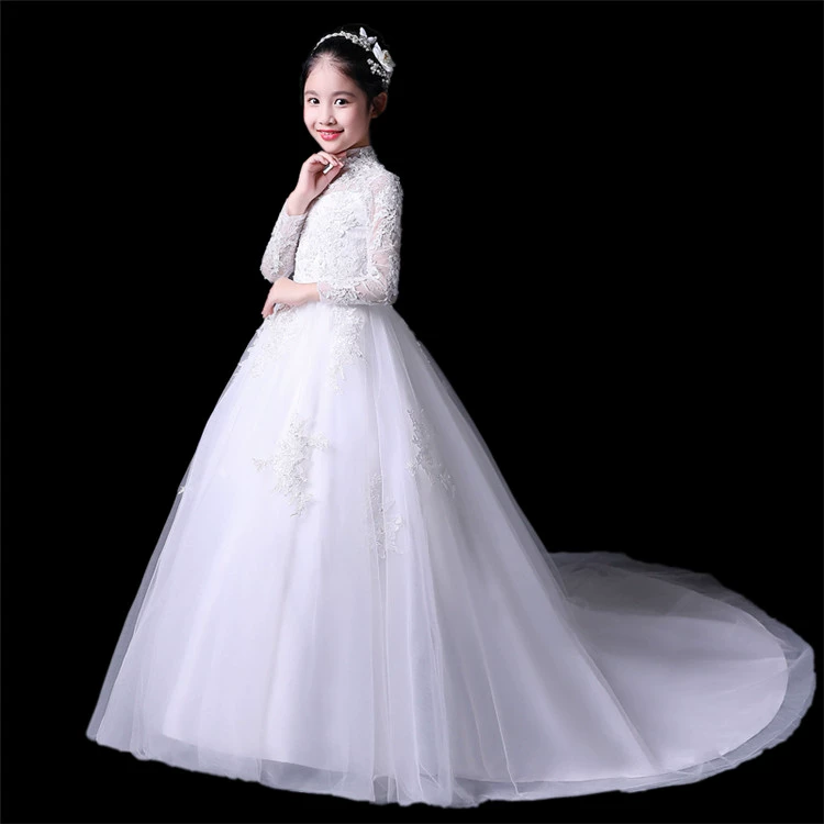 Cô gái biểu diễn piano công chúa váy trắng sinh nhật chủ nhà hoa cô gái trẻ em catwalk váy dài mùa đông bộ vest dự tiệc cho bé trai
