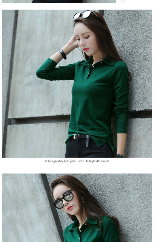 Đầm xuân hè thu đông phiên bản Hàn Quốc chất liệu cotton nguyên chất Slim T-shirt áo dài tay polo ve áo chuyên nghiệp màu rắn chạm đáy áo sơ mi nữ áo thun nữ tay lỡ