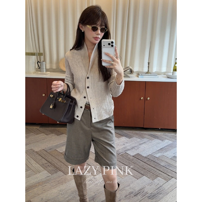 Lazypink'Rosé Sweater' Wool Blend Fake Two-Piece Mandarin Collar Classic Cable Knit Sweater Coat