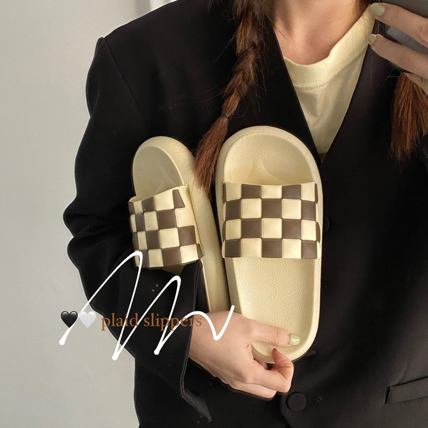 Xinbangbang Grocery Store Outerwear Checkerboard Rubber Slippers Thick Bottom Indoor Household Non-slip Slippers for Women