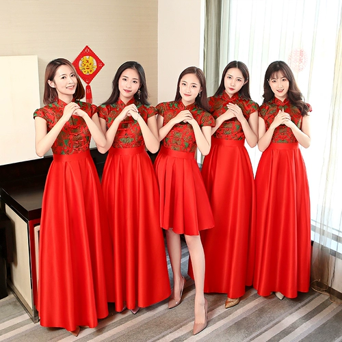 Длинное весеннее платье подружки невесты, летнее ретро вечернее платье, ципао, китайский стиль, средняя посадка