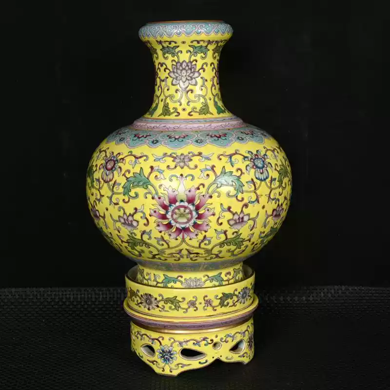 古玩古瓷器大清雍正年制黄底釉珐琅彩花卉转心瓶