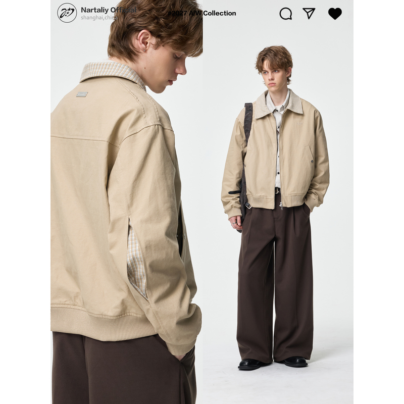 Nartaliy Starburst Code Heavy Wash Harrington Jacket Men's Spring and Autumn Coat with Design Plaid Patchwork Lapel