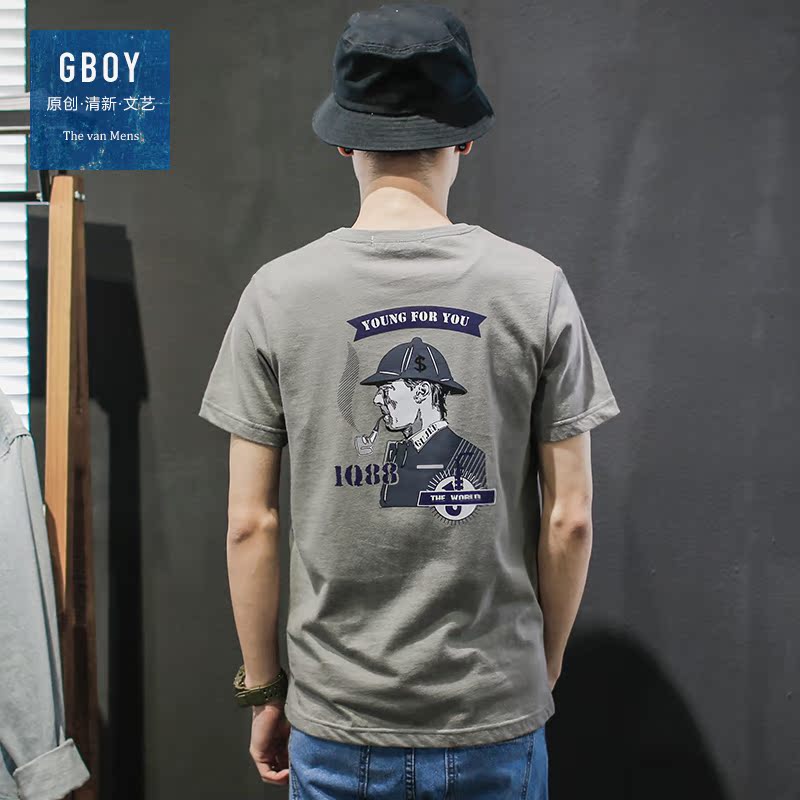 GBOY夏季潮流T恤男短袖青年纯色复古烟斗印花体恤日系修身打底衫
