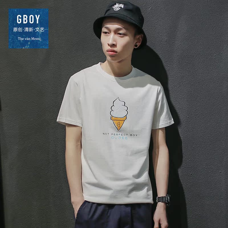 GBOY夏季潮流简约短袖T恤男日系清新冰激凌印花短tee青年打底体恤