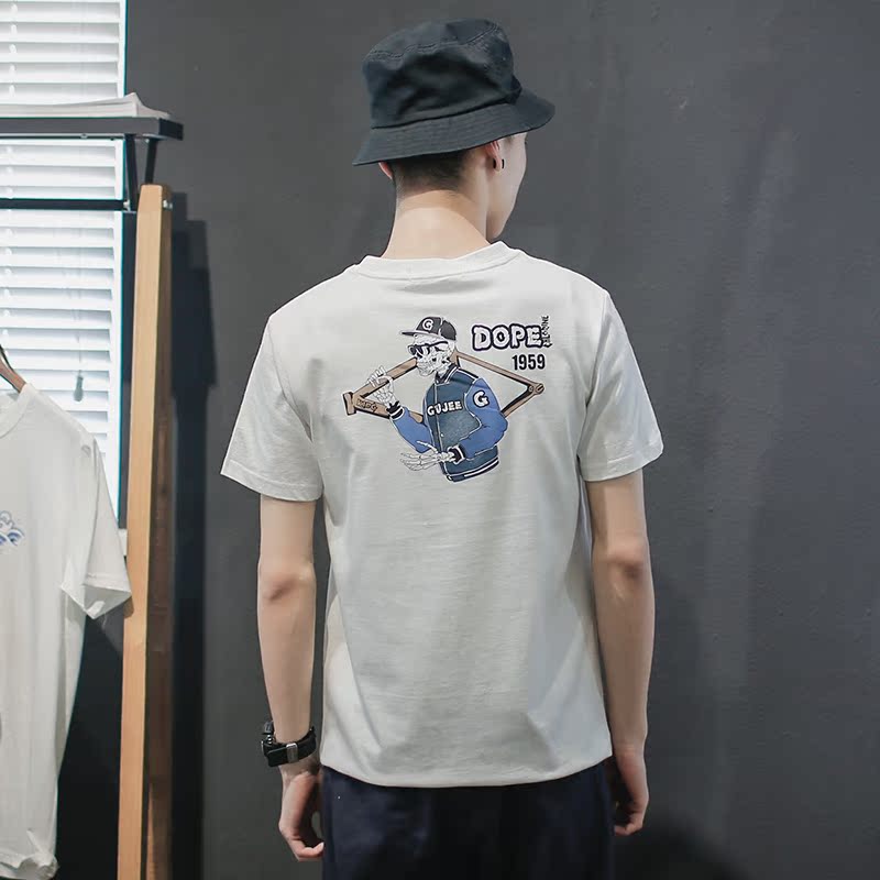 GBOY夏季街头潮流骷髅印花短袖T恤男青年纯色简约百搭透气体恤衫