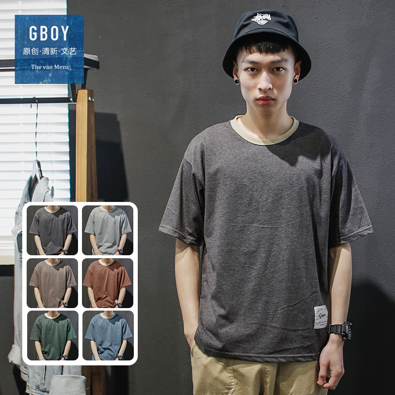 GBOY夏季潮流T恤男短袖青年纯色贴布休闲圆领体恤日系宽松打底衫