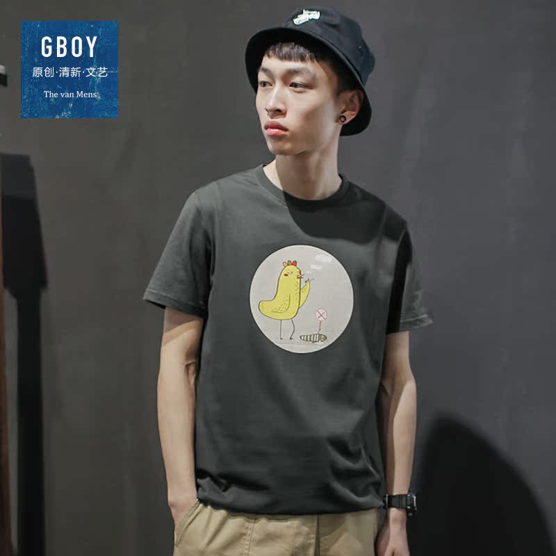 GBOY夏季潮流短袖T恤男日系青年半袖棉短tee趣味抽烟鸡印花体恤衫