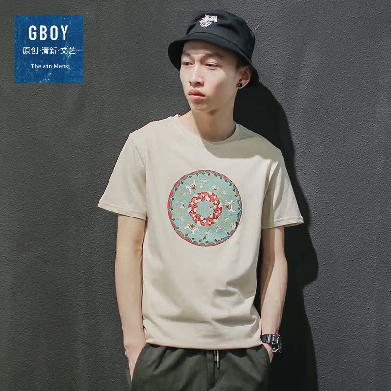 GBOY夏季日系圆领印花短袖T恤男青年透气打底衫上衣水洗体恤短tee