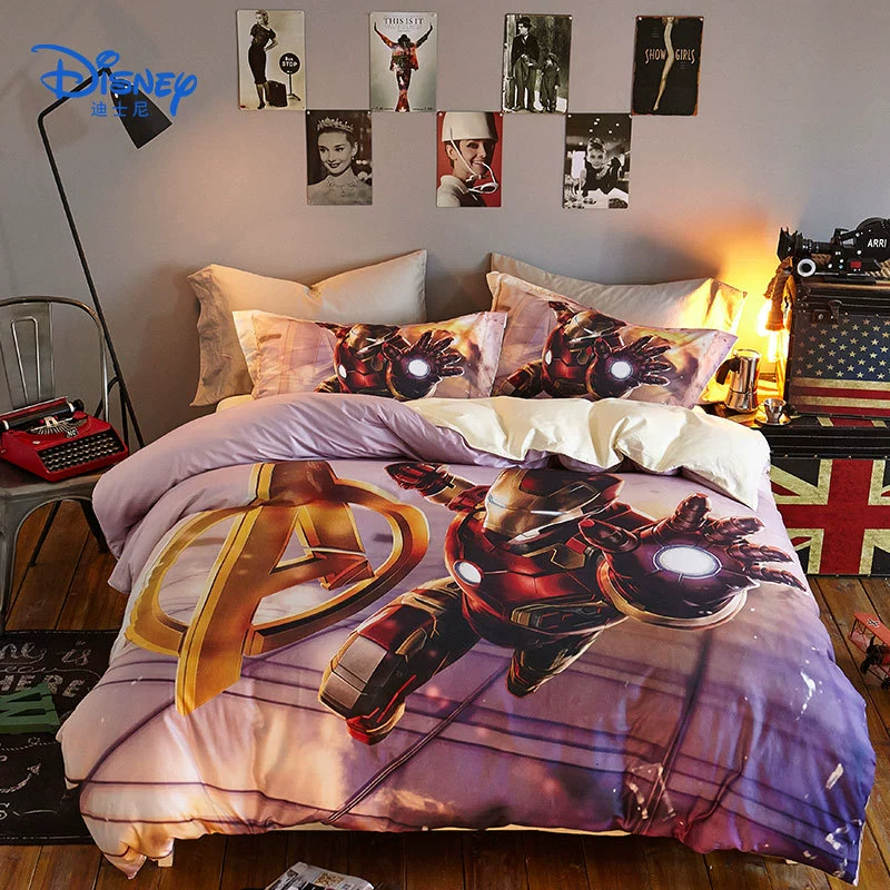 Disney / Disney Cotton Reunion Marvel Spider-Man Iron Man Quilt Cover Bộ chăn ga gối cotton bốn mảnh - Bộ đồ giường bốn mảnh