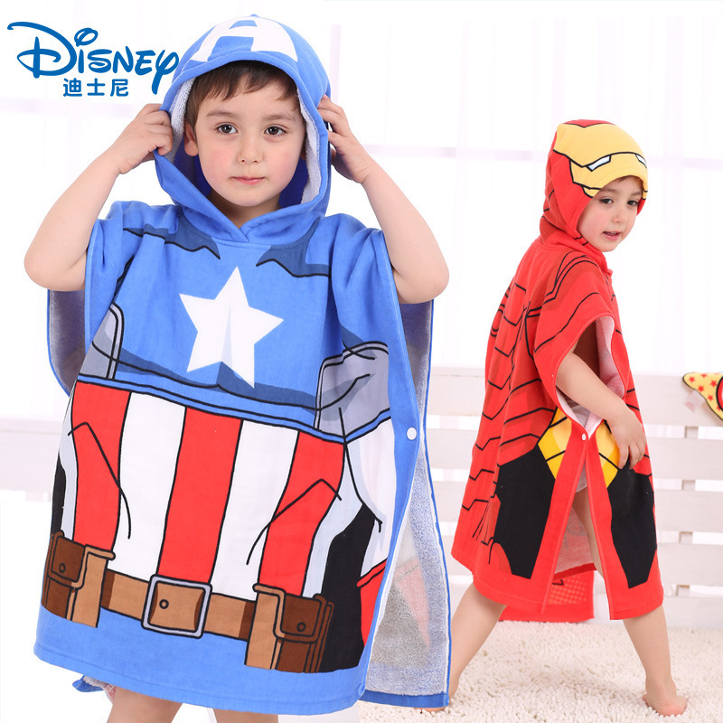 Marvel Disney Hooded Bath Towel Cape Cloak Spider-Man Captain America Children's Pure Cotton Blue Soft Cartoon Universal