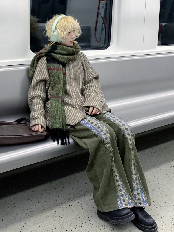 American Retro Army Green Corduroy Wide-Leg Pants, National Trend Vintage Pants, Retro Japanese Style Lazy Casual Straight-Leg Pants American Retro Army Green Corduroy Wide-Leg Pants, National Trend Vintage Pants, Retro Japanese Style Lazy Casual Straight-Leg Pants