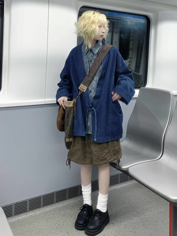 New Chinese-Style Men's Cardigan Hanfu Denim Jacket Unisex Loose Versatile Layman's Robe Taoist Clothing Kimono Jacket Trendy