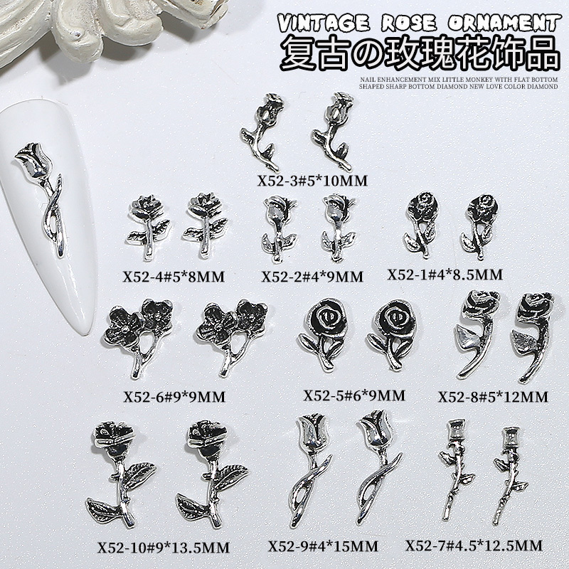 Japanese-Style Metal Accessories Nail Art Rhinestones Trendy New Retro Dark Three-Dimensional Silver Alloy Rose Flower Nail Decorations