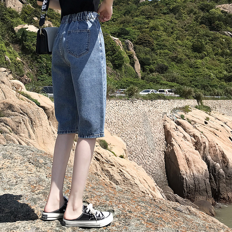 Elastic Waist Denim Shorts for Women, Summer Straight Loose Mid-Length Pants, High-Waisted Slimming Six-Point or Seven-Point Pants, Plus-Size Wide-Leg Breeches