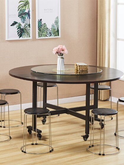 Home round table dining table foldable mobile dining table simple folding table hotel round desktop three-fold table