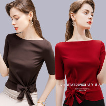 Elegant one-line collar yoga T-shirt Cotton mid-sleeve stretch slim-fit base shirt Butterfly lace-up dance practice top for women