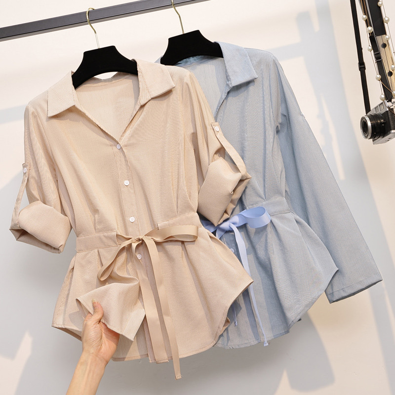 Sandro Mocoloni big size women's dress 2021 spring autumn new ocean weight loss Slim Cover Waist Shirt