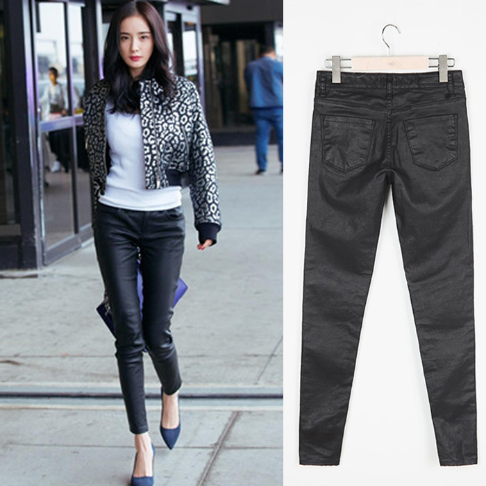 Yang Mi Style Leather Pants Autumn and Winter Black Coated Jeans Women's Slim Fit Skinny Pants High Waist Cropped Pants Pu Long Trousers