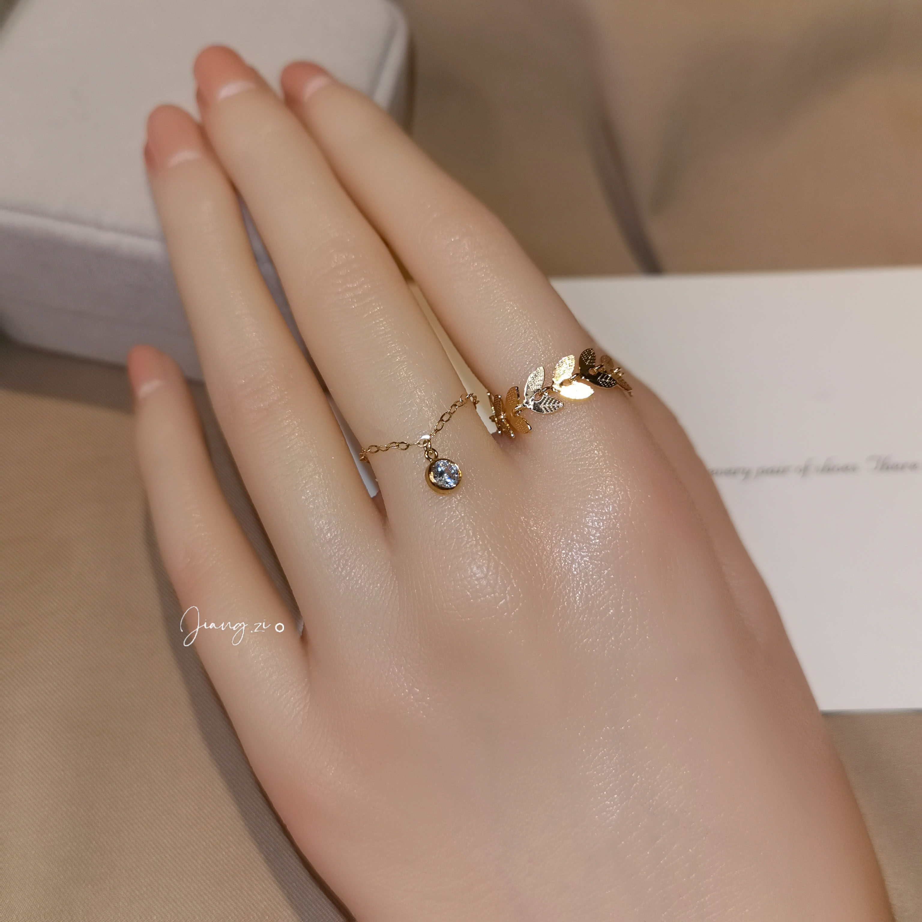 JZ STU Original Design Wheat Spike Rose US 14K Gold Zircon Ring Chain Adjustable Ring Ring