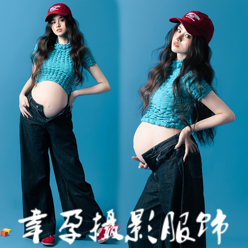 New Style Maternity Photo Outfits for Photo Studios, Personalized and Fashionable Sweet-Cool Denim Clothes for Pregnant Moms, Artistic Photography Outfits