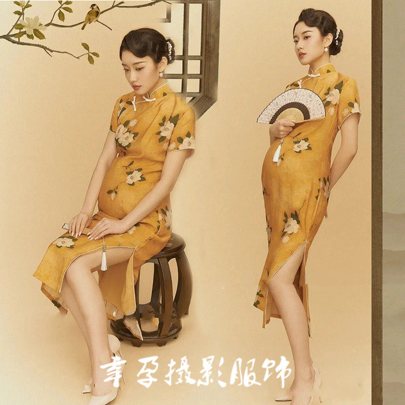 New pregnant women photoshoot clothing photo studio retro cheongsam Chinese style beautiful pregnant mother art photo photo theme clothes