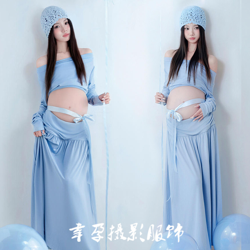 New Blue Fresh Style Maternity Photo Shoot Outfit for Pregnant Women, Cute Artistic Photo Shoot Clothing for Pregnant Moms