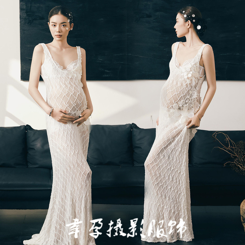Photo Studio's New French Lace Fishtail Skirt Maternity Photo Photography Clothing Elegant Pregnant Mommy Art Photo Shoot Dress
