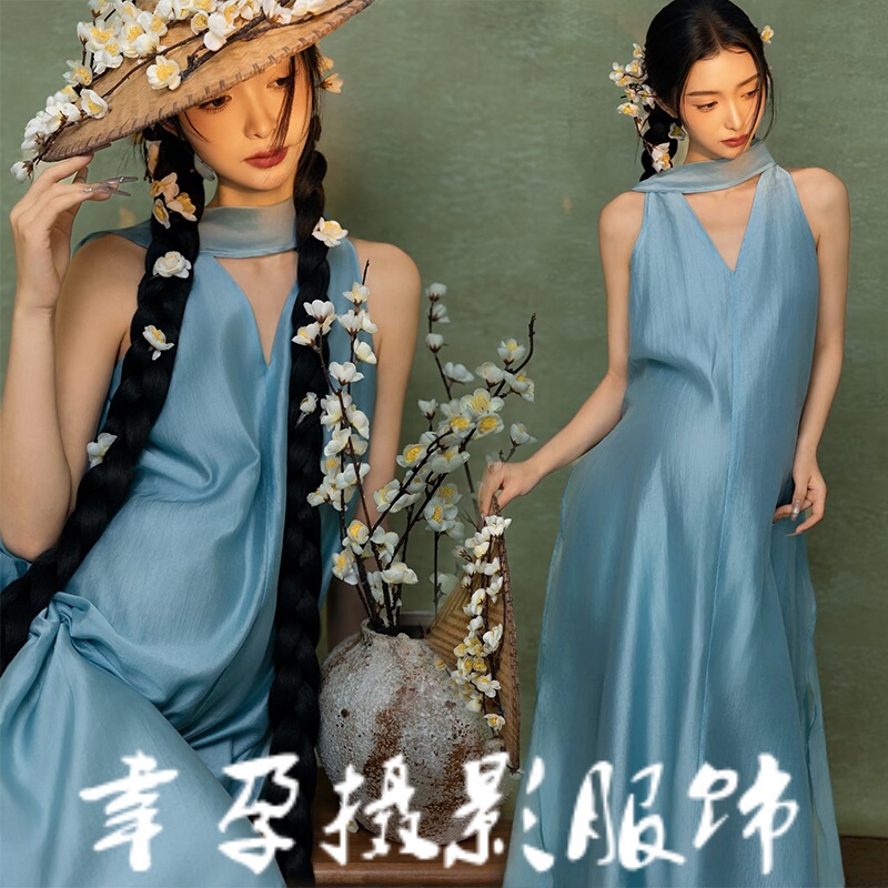 Maternity Photo Shoot Clothing New Style Retro High-End Halter Neck Blue Dress Photo Studio Pregnant Mom Belly Photo Shoot Photography Clothes