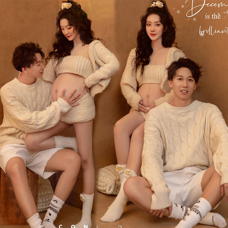 New Style Studio Maternity Photoshoot Couple Maternity Photos Thick Knit Sweater Cute Home Theme Art Photo Clothing New Style Studio Maternity Photoshoot Couple Maternity Photos Thick Knit Sweater Cute Home Theme Art Photo Clothing