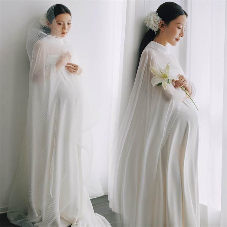 Maternity Photo Shoot Clothing, White Long Dress, Minimalist Style, High-End Feel, Pure and Alluring Temperament, Slimming Studio Outfit, New Maternity Wear