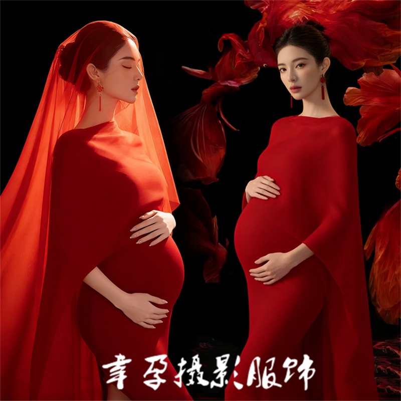 Photo Studio New Year Maternity Photoshoot Red Dress New Chinese Style Koi Theme Pregnant Mom Art Photo Photography Clothing