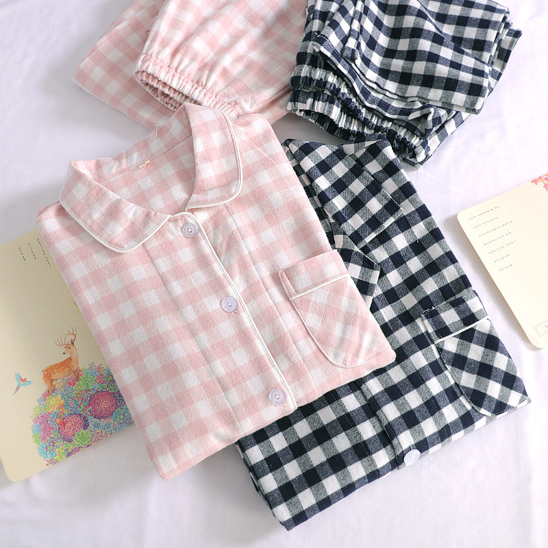Spring Autumn Pure Cotton Mill Plush Cloth Pajamas Woman Long Sleeve Home Clothes Lovers Dad Casual Plaid Day Ensemble Mother Suit