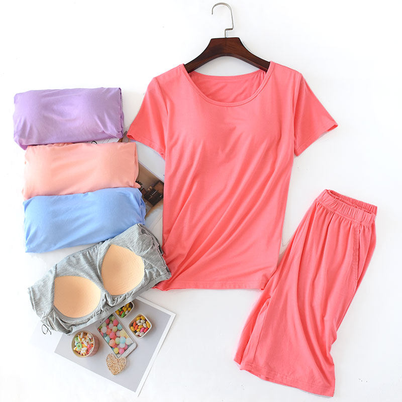 With Chest Cushion New Sleepwear Woman Cotton Summer Thin Section Two Sets Loose Bra Spring Autumn Short Sleeve Student Home Clothes