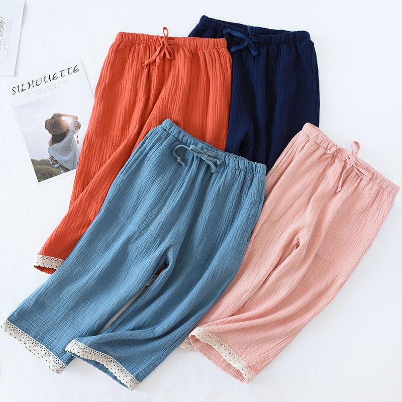 Japan's new spring and summer ladies crepe pajama pants thin cotton seven-point home pants double-layer gauze solid color casual pants - Taobao
