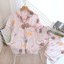 Cotton Silk three-piece pajamas womens short sleeve thin cardigan Japanese sweet summer size artificial cotton home suit