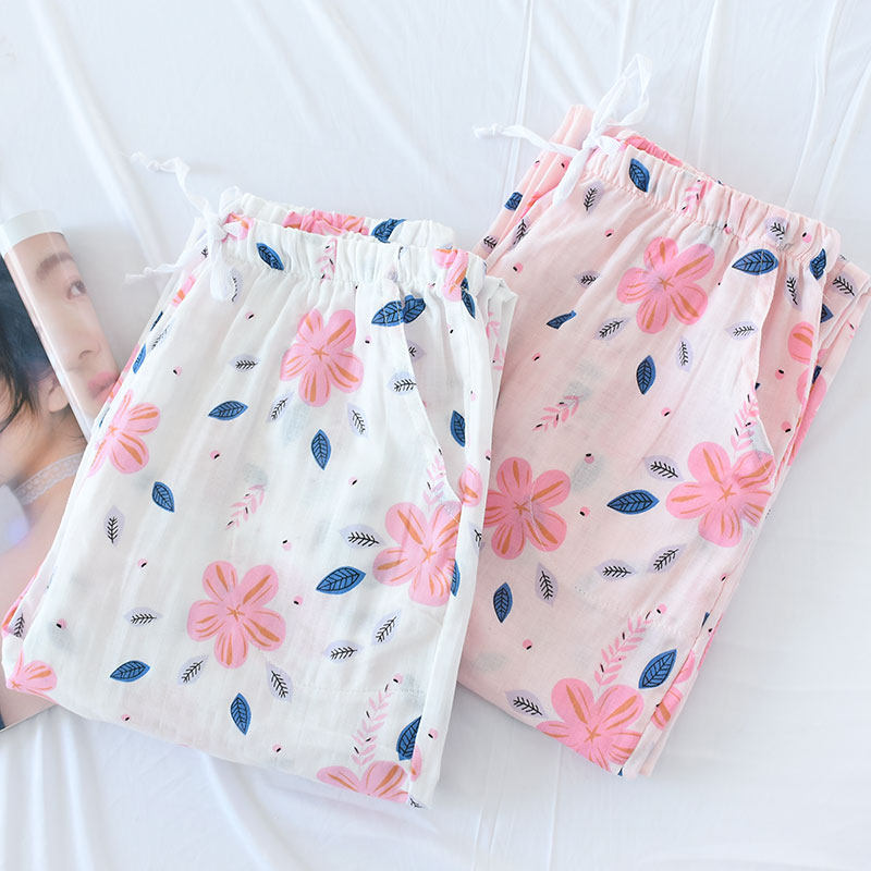 Sleep new trousers pure cotton gauze summer thin Japanese loose large size plaid spring and autumn cotton home pants women