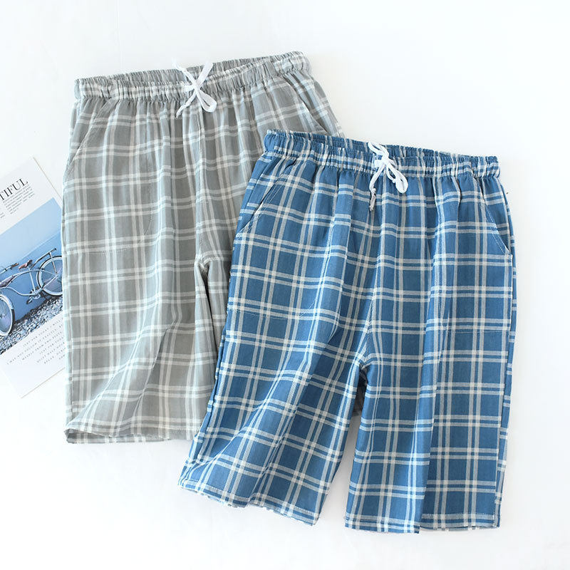 Pajamas men's shorts pure cotton summer large size fresh plaid thin section pure cotton double cotton yarn short pajamas five-point shorts