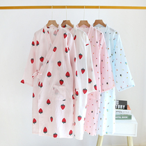 Womens cotton cotton gauze gown Spring Summer Double cotton gauze mid-sleeve nightgown kimono bathrobe long
