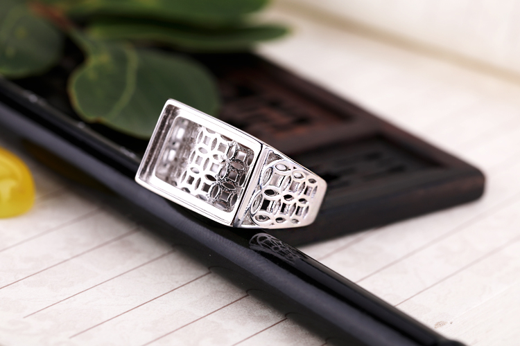 Nhẫn bằng bạc trắng mạ bạc 925 khung trống hình vuông màu ngọc lam thiết lập sáp ong vòng hỗ trợ cổng 11 * 16 9.5 * 14.4 nhẫn cặp bạc
