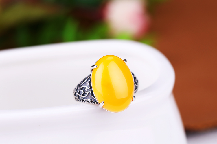 Nhẫn bạc 925 cổ điển trống khay tự làm dát ngọc lam sáp ong mở hổ phách cài đặt 13 * 18 hỗ trợ nhẫn nữ nhẫn lông voi nam