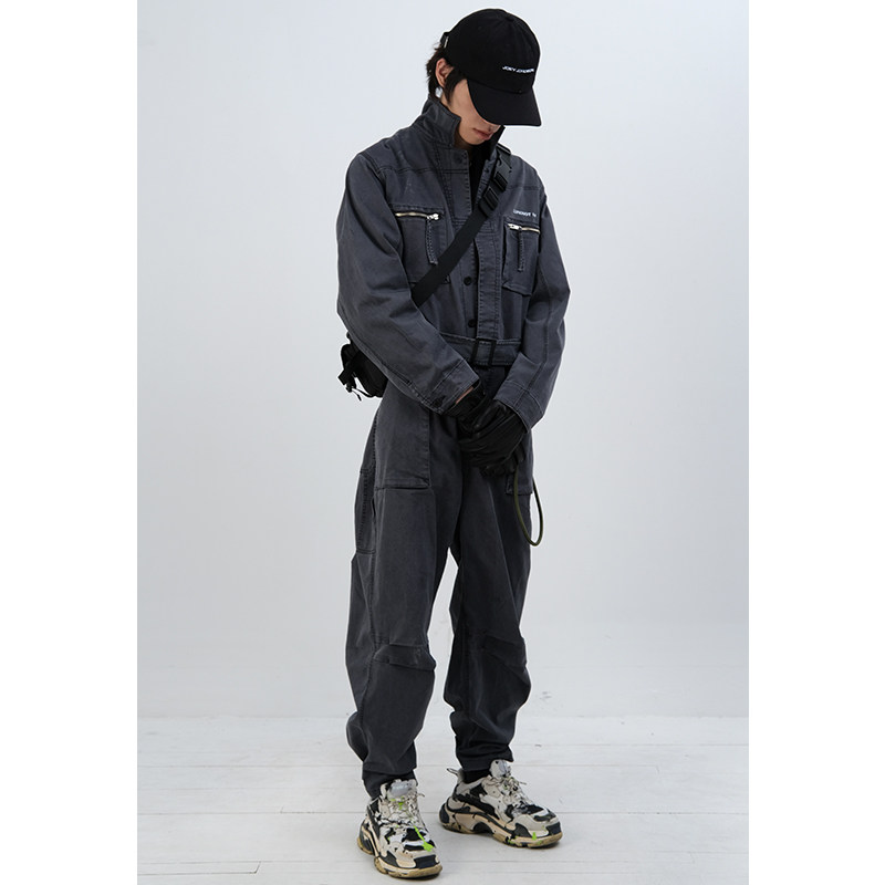 BANANAKILLER スリップノット ミリタリースタイル レトロ ウォッシュ加工 ダメージ加工 ダークグレー ルーズストレートレッグ ワークウェア ジャンプスーツ トレンディな男性向け