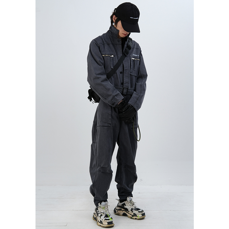 Bananakiller Loose-Fitting Military-Style Vintage Washed Dark Gray Straight-Leg Cargo Jumpsuit for Trendy Men