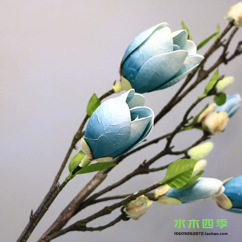 Синий симуляция Гранд Магнолия, ошеломляющая длинные ветви высокий баб -блюд белый розовый цвет, цветочный имитация кожаная цветочная гостиная приземление цветы