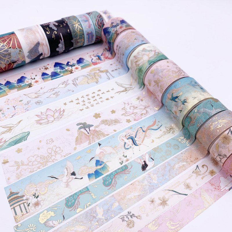 And Paper adhesive Gufeng China Wind Fairy Qi and Fairy Landscape Painting Xiangyun Crane Bronzing Gold DIY Hand Ripping Hand Ledger Decoration