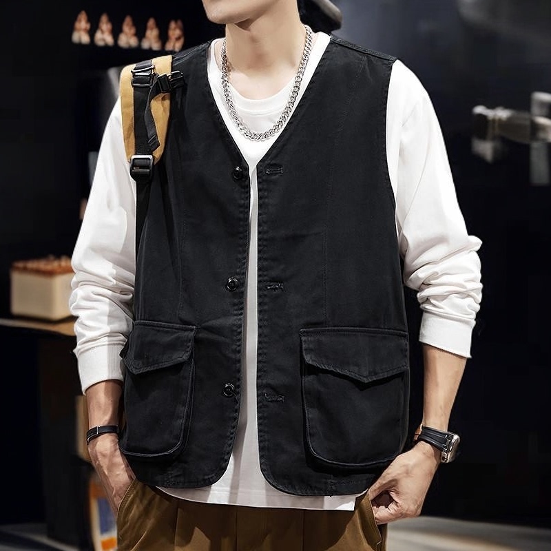 New Black Casual Jacket for Outerwear, Trendy Brand Men's Pure Cotton Autumn Solid Color Vest, Denim Retro American Style New Black Casual Jacket for Outerwear, Trendy Brand Men's Pure Cotton Autumn Solid Color Vest, Denim Retro American Style