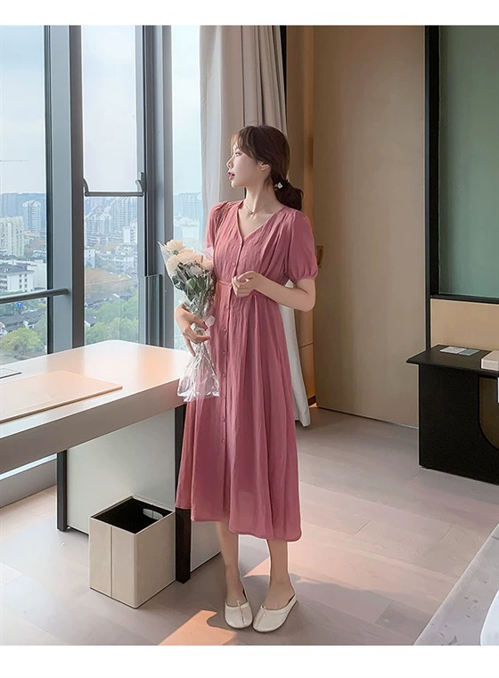 2020 phụ nữ mới mùa hè eo cao giữa váy dài màu hồng eo đèn lồng tay áo ngắn tay v-cổ - Váy dài