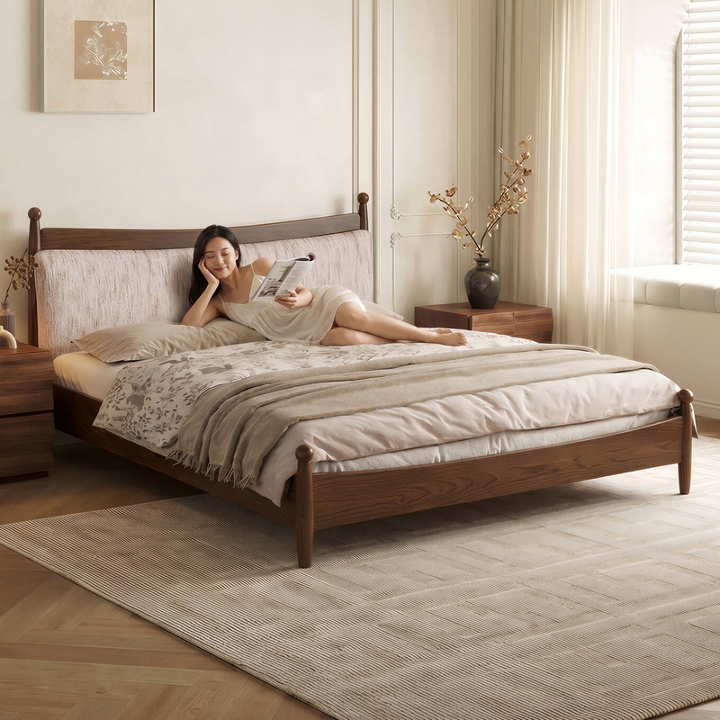 Senyu Bed, French Mid-Century Style, Solid Wood, 1.5m Removable and Washable Chenille Upholstered Bed, Home-Use Master Bedroom Double Bed