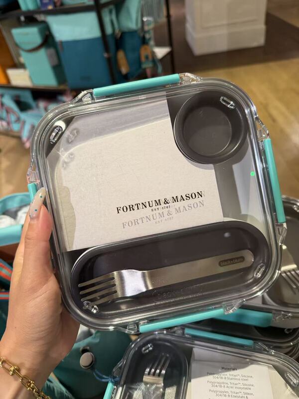British F&M Fortnum & Mason Tiffany Blue Lunch Box, Royal Use, Comes with Cutlery and Sauce Container, Microwaveable